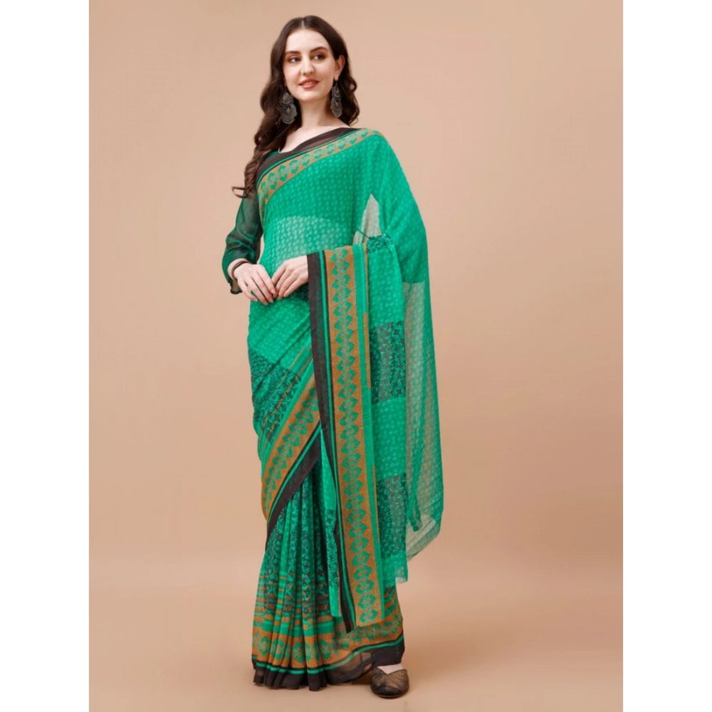 Generic Women's Weightless Floral Printed Saree With Unstitched Blouse (Green, 5-6 Mtrs)