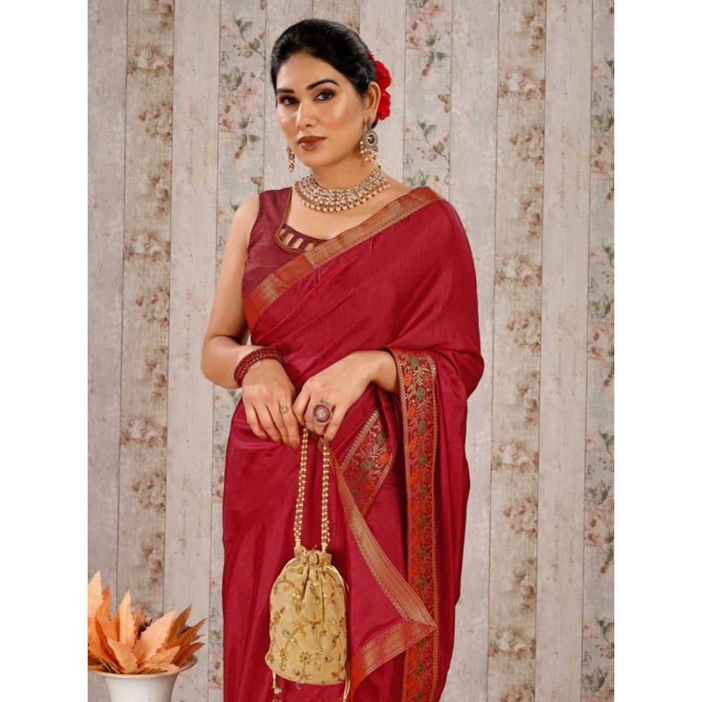 Generic Women's Vichitra Swiroshki Butta Saree With Unstitched Blouse (Maroon, 5-6 Mtrs)