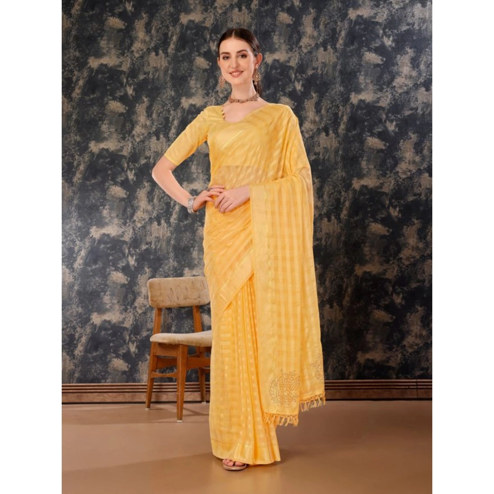 Generic Women's Chiffon Fabric Line Saree With Unstitched Blouse (Yellow, 5-6 Mtrs)