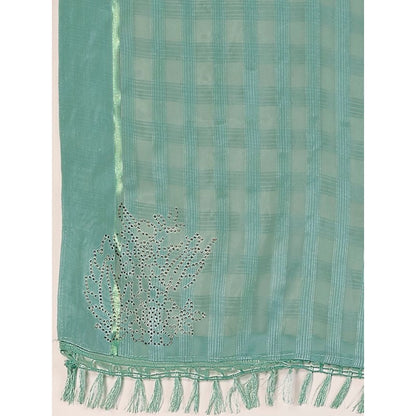 Generic Women's Chiffon Fabric Line Saree With Unstitched Blouse (Turquoise green, 5-6 Mtrs)