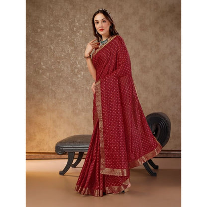 Generic Women's Vichitra Bandhani Saree With Unstitched Blouse (Maroon, 5-6 Mtrs)