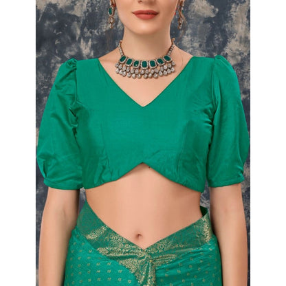 Generic Women's Vichitra Bandhani Saree With Unstitched Blouse (Rama Green, 5-6 Mtrs)