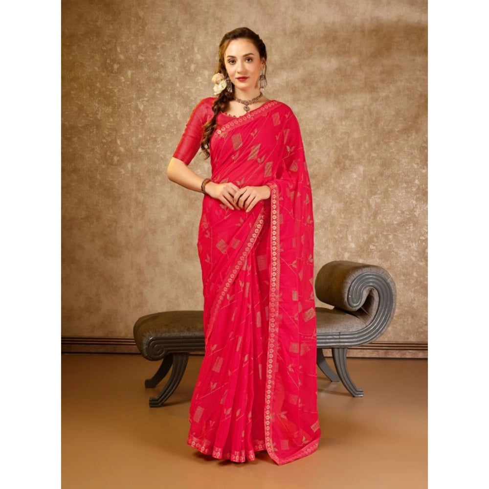 Generic Women's Zomto Patta Chiffon Saree With Unstitched Blouse (Pink, 5-6 Mtrs)