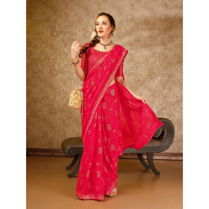 Generic Women's Zomto Patta Chiffon Saree With Unstitched Blouse (Pink, 5-6 Mtrs)