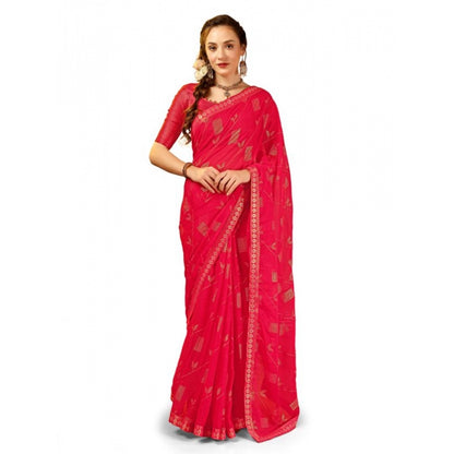 Generic Women's Zomto Patta Chiffon Saree With Unstitched Blouse (Pink, 5-6 Mtrs)