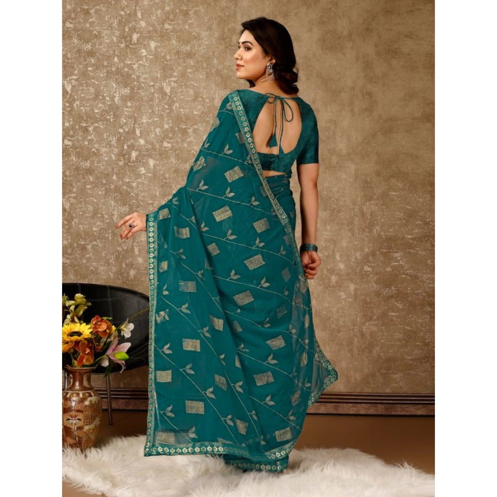 Generic Women's Zomto Patta Chiffon Saree With Unstitched Blouse (Teal Blue, 5-6 Mtrs)