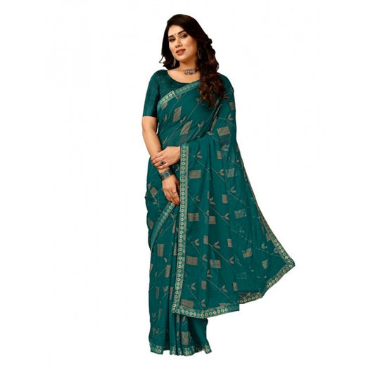 Generic Women's Zomto Patta Chiffon Saree With Unstitched Blouse (Teal Blue, 5-6 Mtrs)