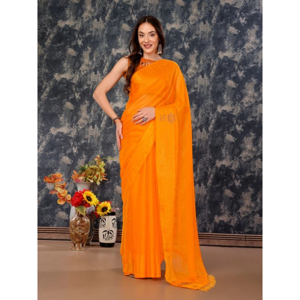 Generic Women's Chiffon Fabric Plain Saree With Unstitched Blouse (Yellow, 5-6 Mtrs)