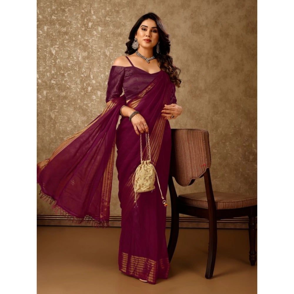 Generic Women's Chiffon Fabric Plain Saree With Unstitched Blouse (Wine, 5-6 Mtrs)