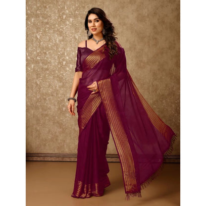 Generic Women's Chiffon Fabric Plain Saree With Unstitched Blouse (Wine, 5-6 Mtrs)