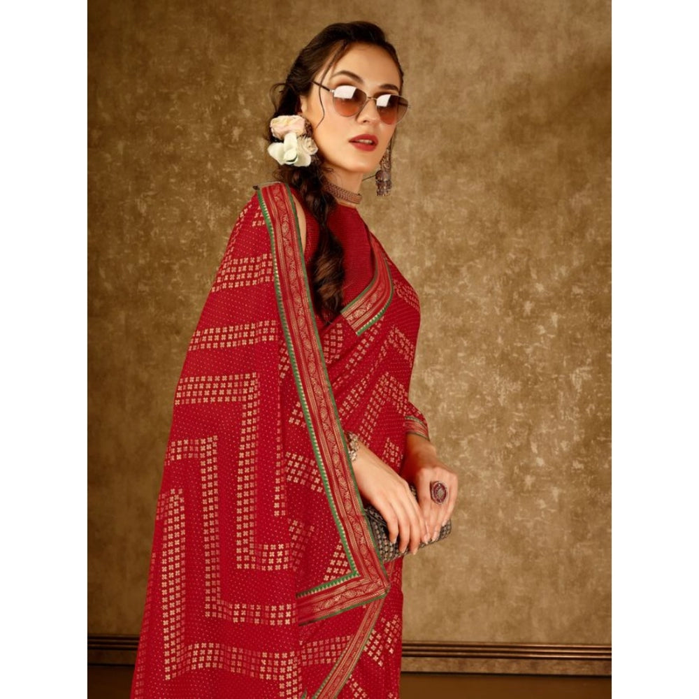 Generic Women's Zomto Zig Zag Saree With Unstitched Blouse (Red, 5-6 Mtrs)