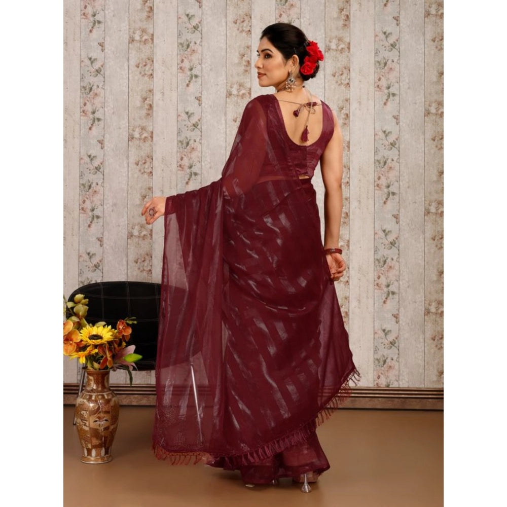 Generic Women's Chiffon Fabric Line Saree With Unstitched Blouse (Maroon, 5-6 Mtrs)