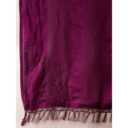 Generic Women's Chiffon Fabric Line Saree With Unstitched Blouse (Wine, 5-6 Mtrs)