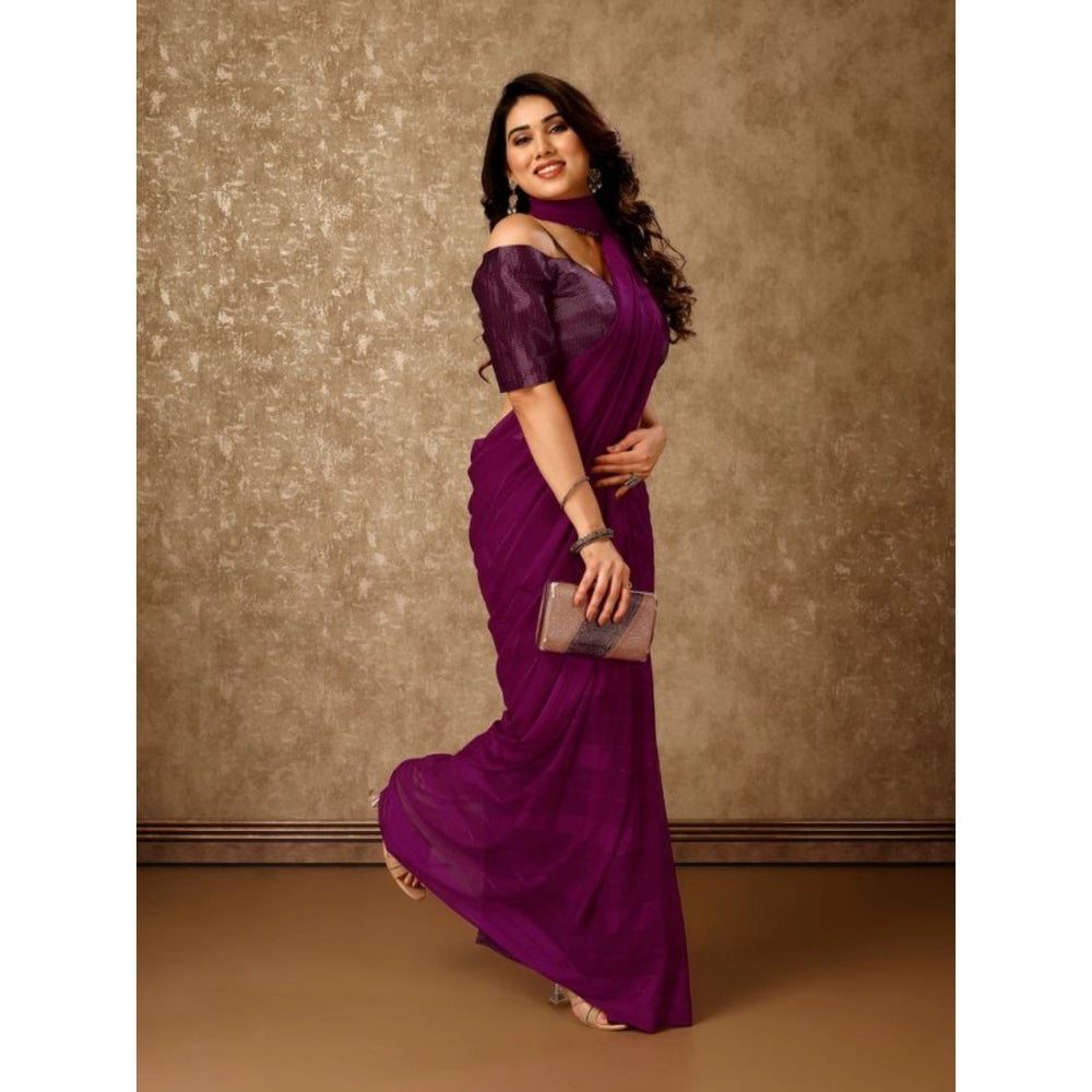 Generic Women's Chiffon Fabric Line Saree With Unstitched Blouse (Wine, 5-6 Mtrs)