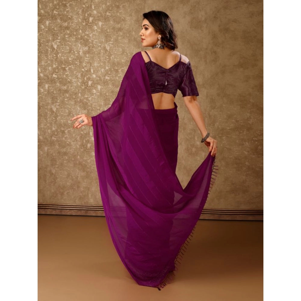 Generic Women's Chiffon Fabric Line Saree With Unstitched Blouse (Wine, 5-6 Mtrs)