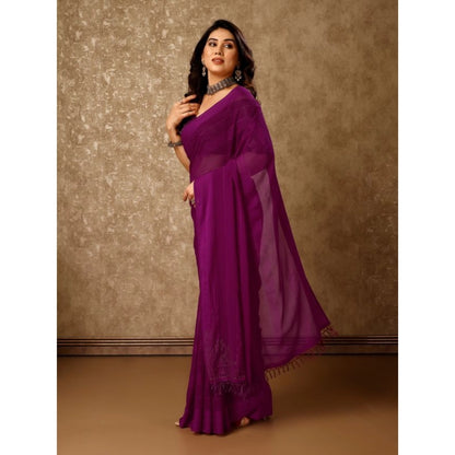 Generic Women's Chiffon Fabric Line Saree With Unstitched Blouse (Wine, 5-6 Mtrs)