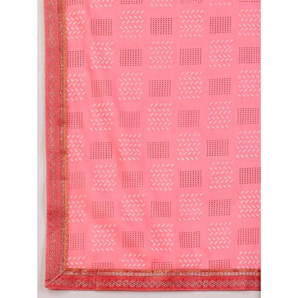 Generic Women's Zomto Checked Saree With Unstitched Blouse (Pink, 5-6 Mtrs)