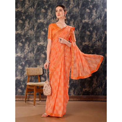 Generic Women's Zomto Checked Saree With Unstitched Blouse (Peach, 5-6 Mtrs)