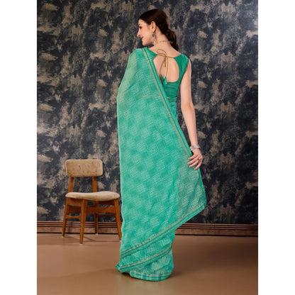 Generic Women's Zomto Checked Saree With Unstitched Blouse (Rama Green, 5-6 Mtrs)