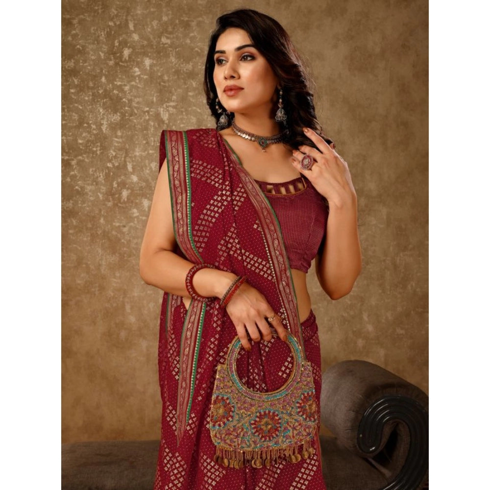 Generic Women's Zomto Zig Zag Saree With Unstitched Blouse (Maroon, 5-6 Mtrs)