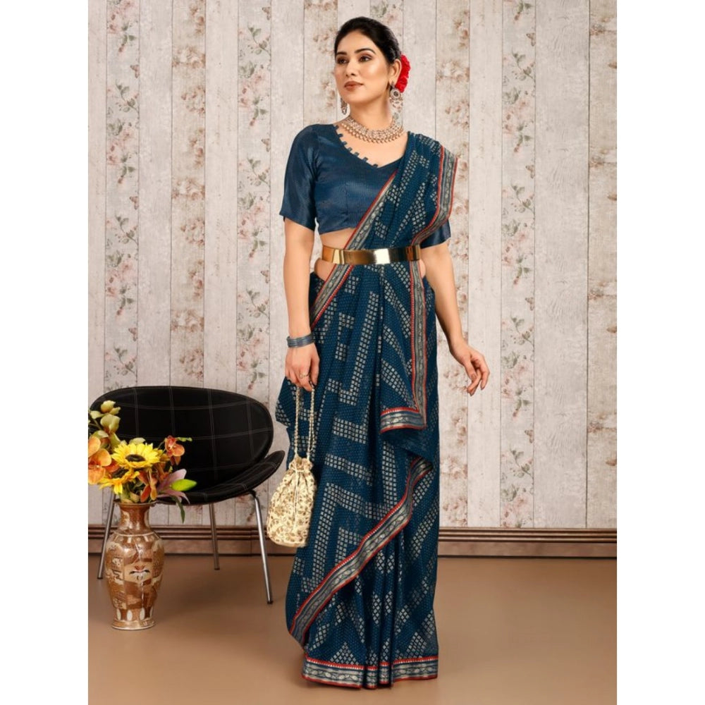 Generic Women's Zomto Zig Zag Saree With Unstitched Blouse (Blue, 5-6 Mtrs)