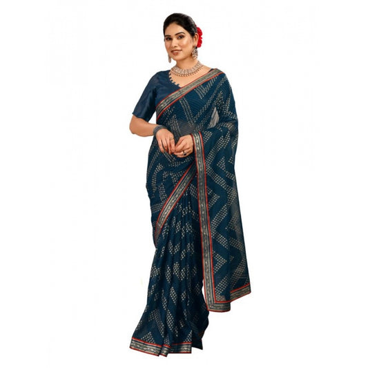 Generic Women's Zomto Zig Zag Saree With Unstitched Blouse (Blue, 5-6 Mtrs)