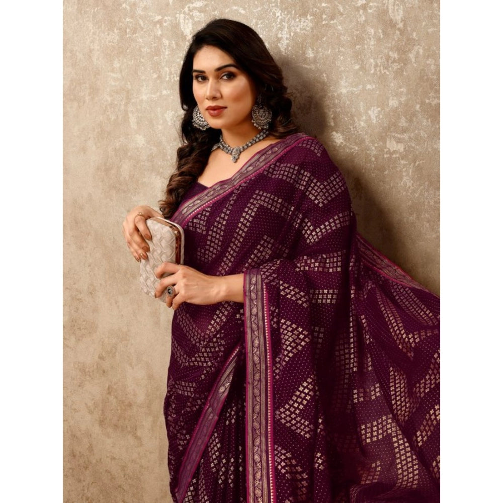 Generic Women's Zomto Zig Zag Saree With Unstitched Blouse (Wine, 5-6 Mtrs)