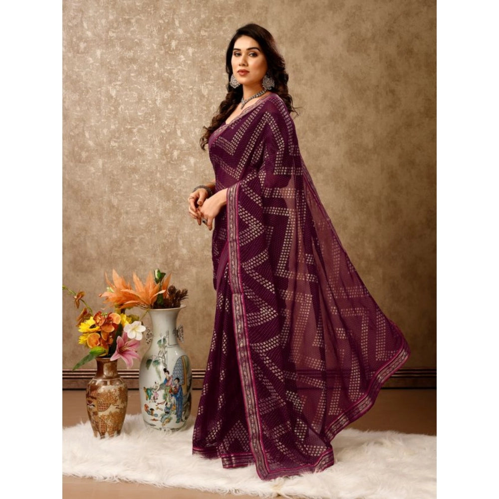 Generic Women's Zomto Zig Zag Saree With Unstitched Blouse (Wine, 5-6 Mtrs)