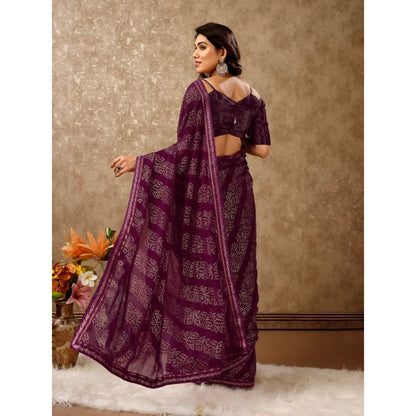 Generic Women's Zomto Bandhini Saree With Unstitched Blouse (Wine, 5-6 Mtrs)