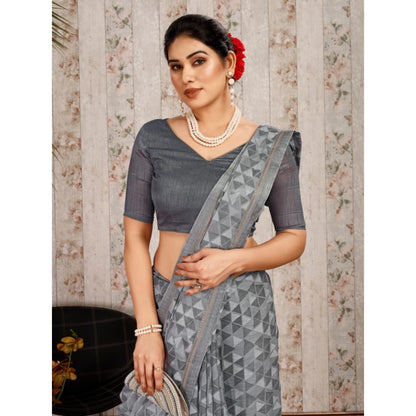 Generic Women's Zomto Printed Saree With Unstitched Blouse (Grey, 5-6 Mtrs)