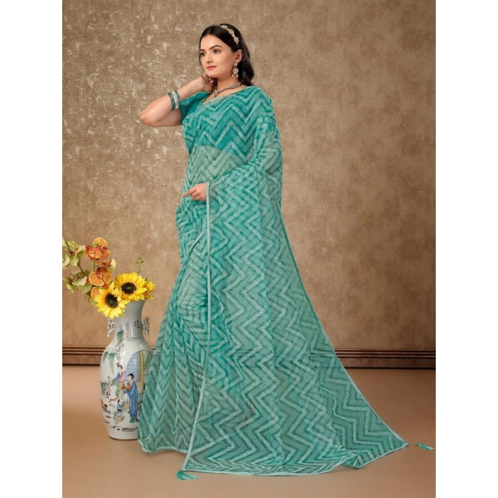 Generic Women's Linen Zig Zag Saree With Unstitched Blouse (Turquies Green, 5-6 Mtrs)