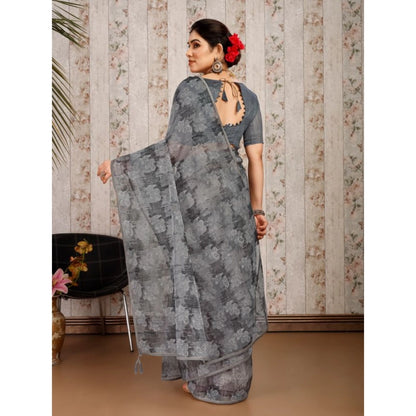 Generic Women's Linen Floral Printed Saree With Unstitched Blouse (Grey, 5-6 Mtrs)