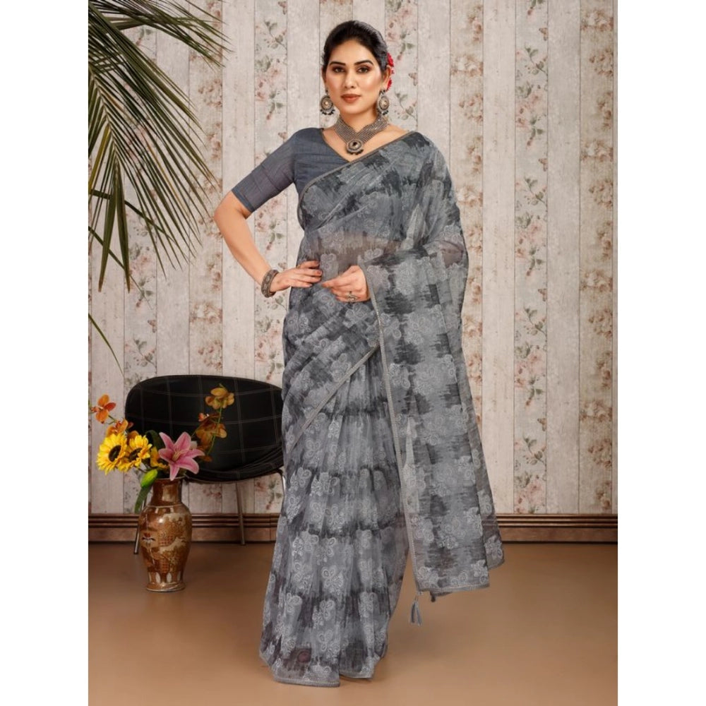 Generic Women's Linen Floral Printed Saree With Unstitched Blouse (Grey, 5-6 Mtrs)