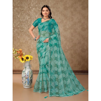 Generic Women's Linen Floral Printed Saree With Unstitched Blouse (Turquoise Green, 5-6 Mtrs)