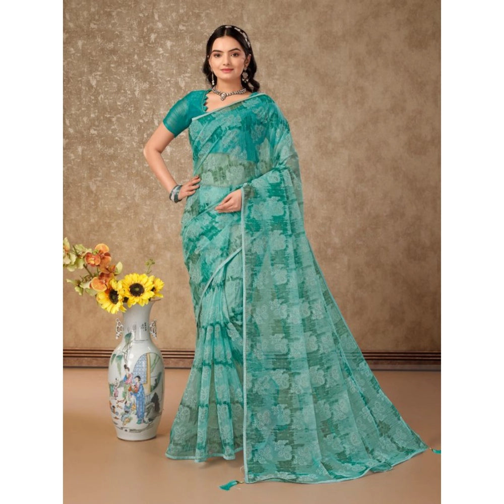 Generic Women's Linen Floral Printed Saree With Unstitched Blouse (Turquies Green, 5-6 Mtrs)