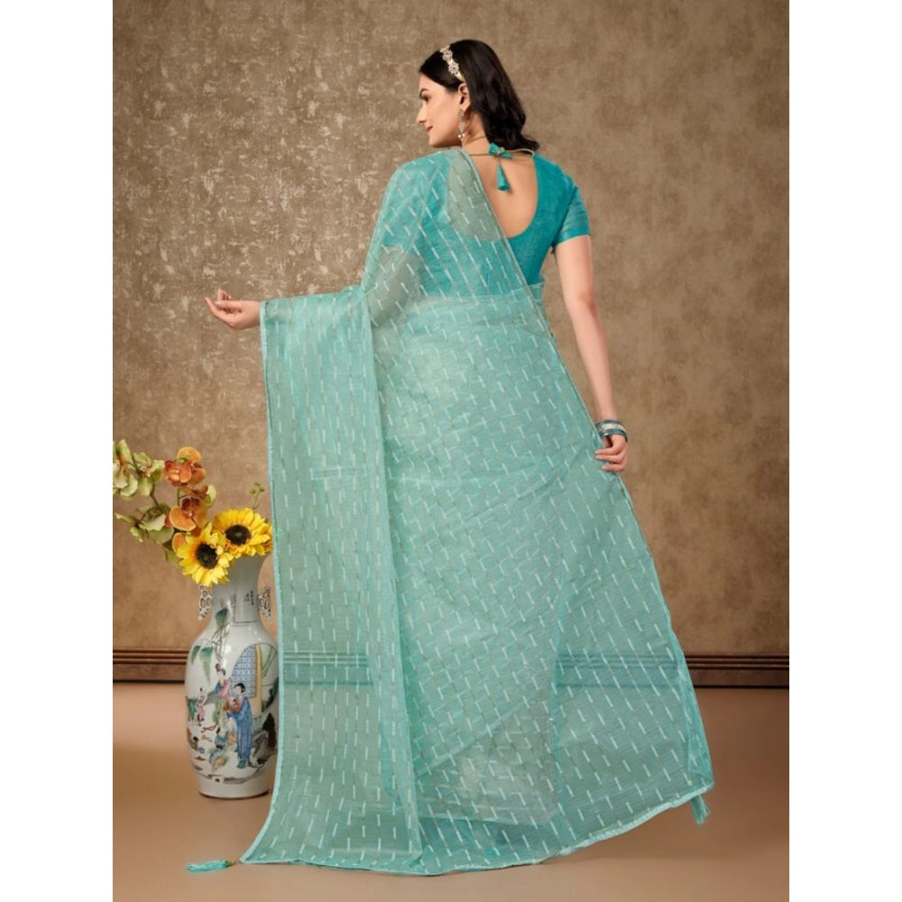 Generic Women's Linen Line Saree With Unstitched Blouse (Turquoise Green, 5-6 Mtrs)