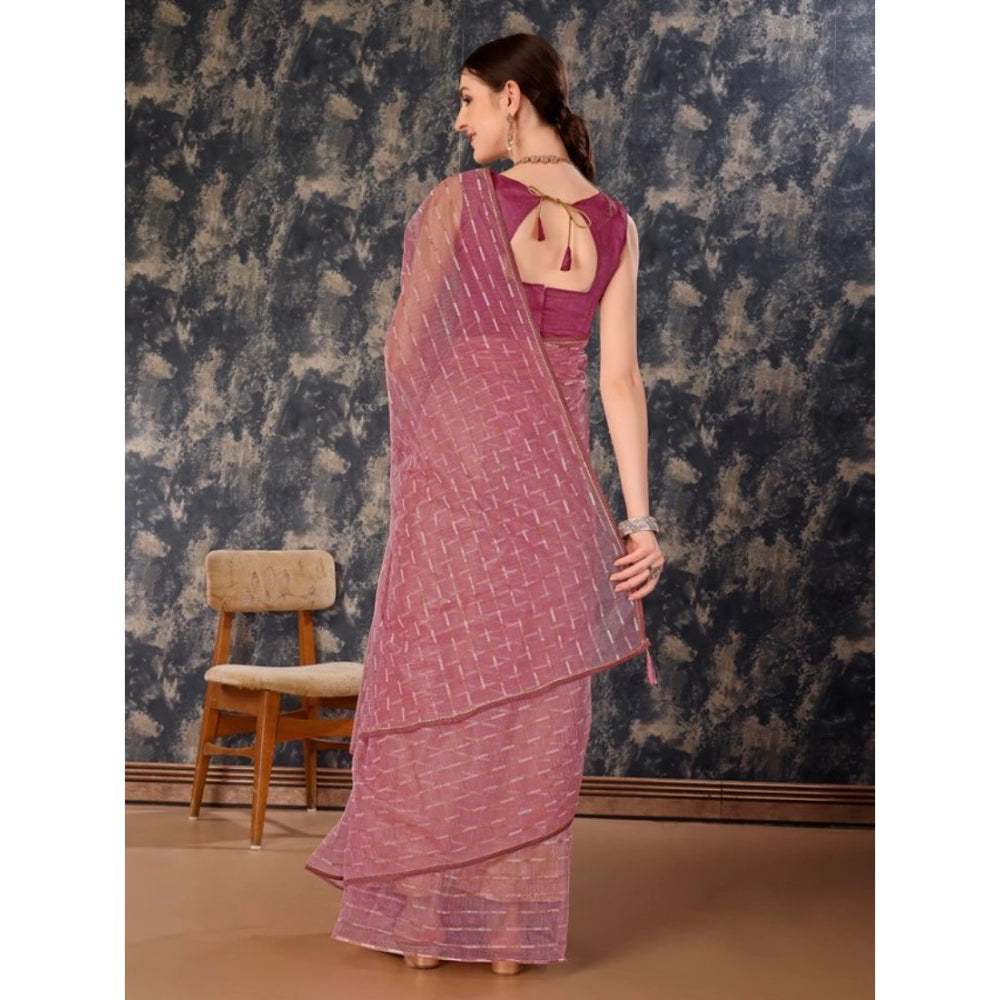 Generic Women's Linen Line Saree With Unstitched Blouse (Purple, 5-6 Mtrs)