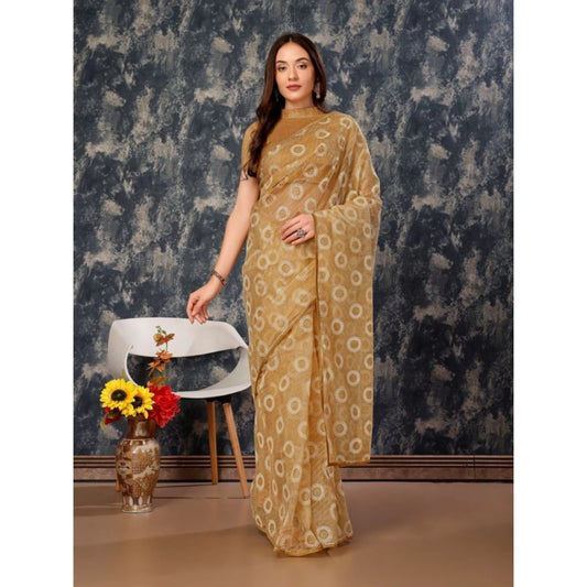 Generic Women's Linen Gola Printed Saree With Unstitched Blouse (Beige, 5-6 Mtrs)