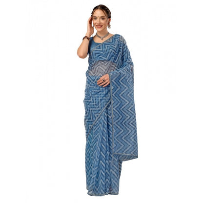 Generic Women's Linen Zig Zag Saree With Unstitched Blouse (Blue, 5-6 Mtrs)