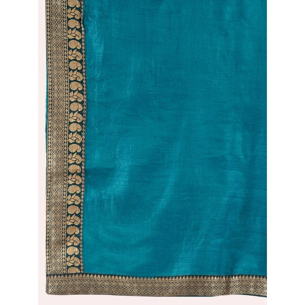 Generic Women's Vichitra Plain Saree With Unstitched Blouse (Blue, 5-6 Mtrs)