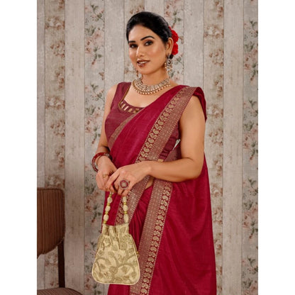 Generic Women's Vichitra Plain Saree With Unstitched Blouse (Maroon, 5-6 Mtrs)