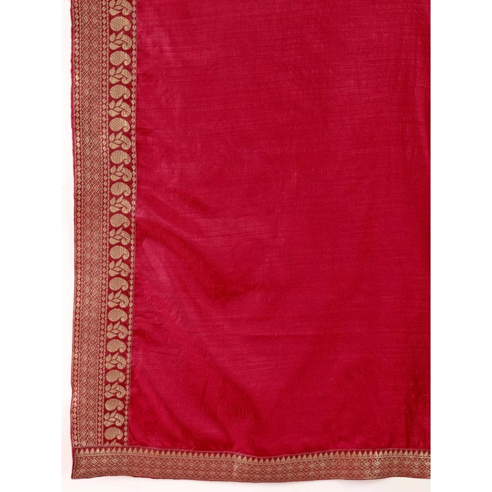 Generic Women's Vichitra Plain Saree With Unstitched Blouse (Maroon, 5-6 Mtrs)