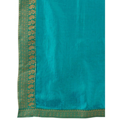 Generic Women's Vichitra Plain Saree With Unstitched Blouse (Teal Blue, 5-6 Mtrs)