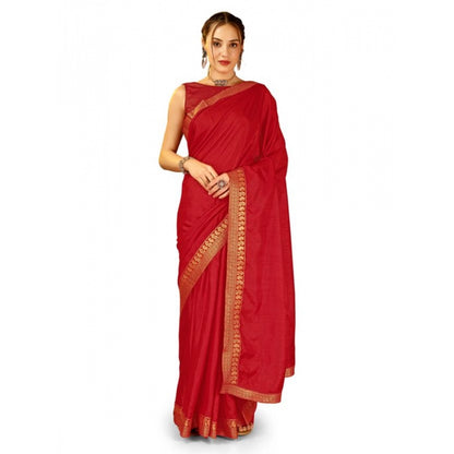 Generic Women's Vichitra Plain Saree With Unstitched Blouse (Red, 5-6 Mtrs)