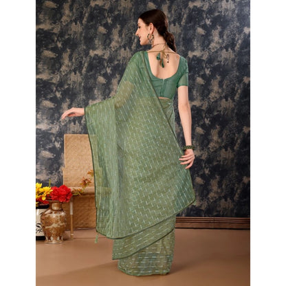 Generic Women's Linen Line Saree With Unstitched Blouse (Green, 5-6 Mtrs)