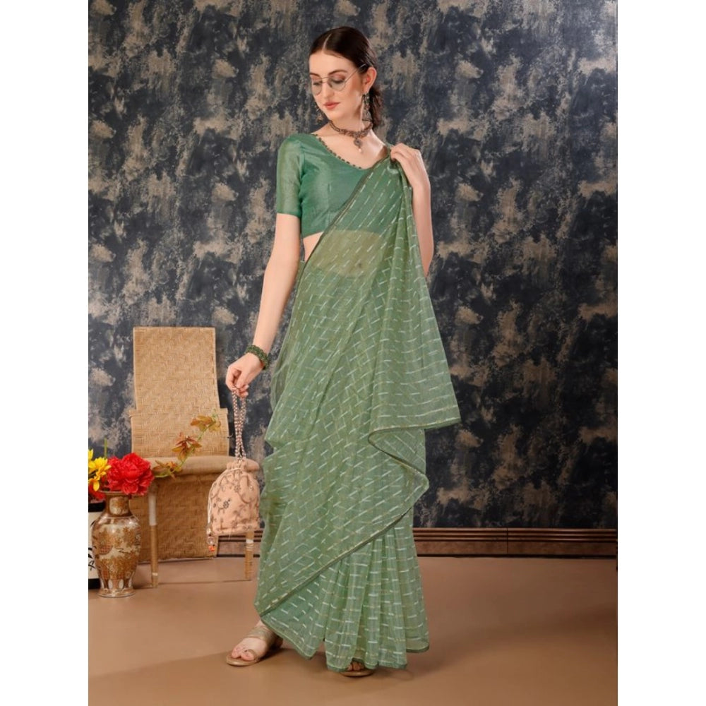 Generic Women's Linen Line Saree With Unstitched Blouse (Green, 5-6 Mtrs)