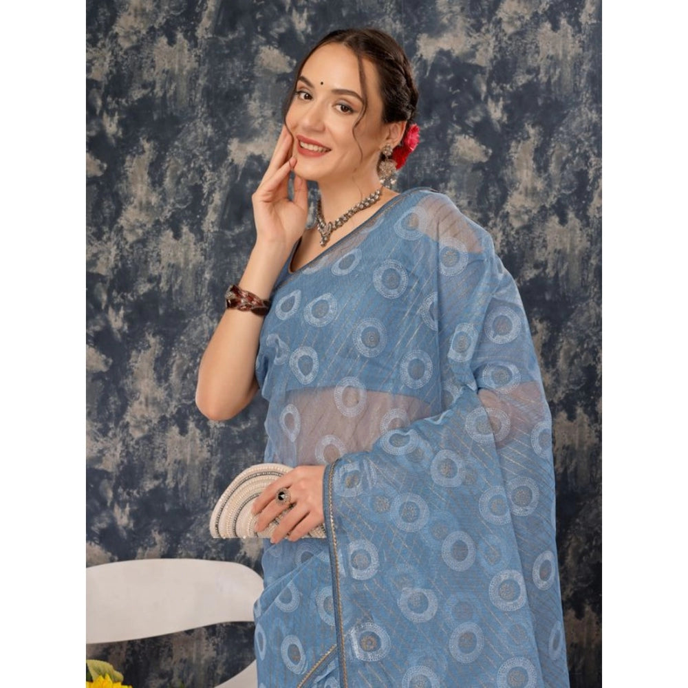 Generic Women's Linen Line Saree With Unstitched Blouse (Sky Blue, 5-6 Mtrs)