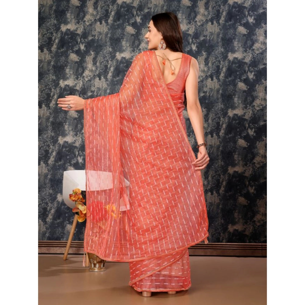 Generic Women's Linen Line Saree With Unstitched Blouse (Orange, 5-6 Mtrs)