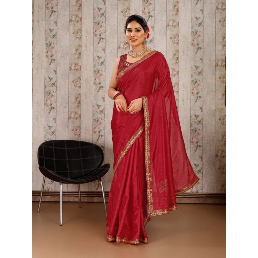 Generic Women's Vichitra Swiroshki Butta Saree With Unstitched Blouse (Maroon, 5-6 Mtrs)