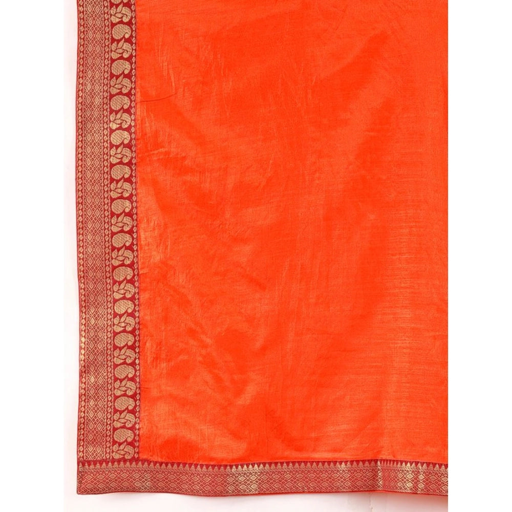 Generic Women's Vichitra Plain Saree With Unstitched Blouse (Orange, 5-6 Mtrs)